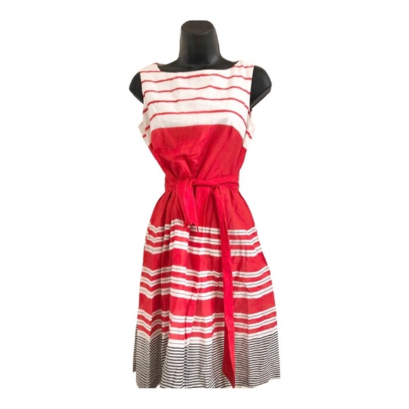 Anne Klein red black white colorblock belted fit & flare sleeveless dress size 2 - Picture 1 of 16